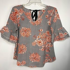 Lodys Women's Floral V-Neck Tiered Bell Sleeve Blouse Multicolor Size Small